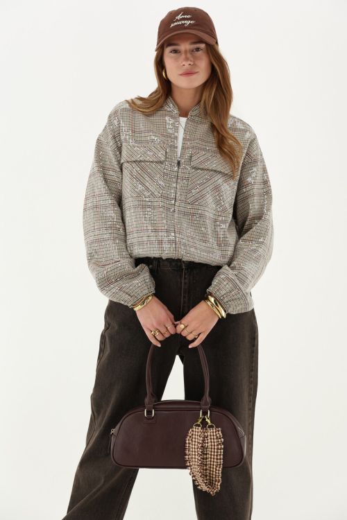 Brown checked jacket with sequins | My Jewellery