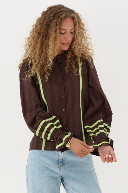 Brown embroidery blouse with side stripes | My Jewellery