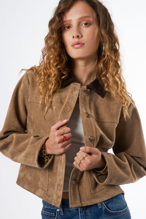 Brown jacket in suede look with corduroy collar | My Jewellery