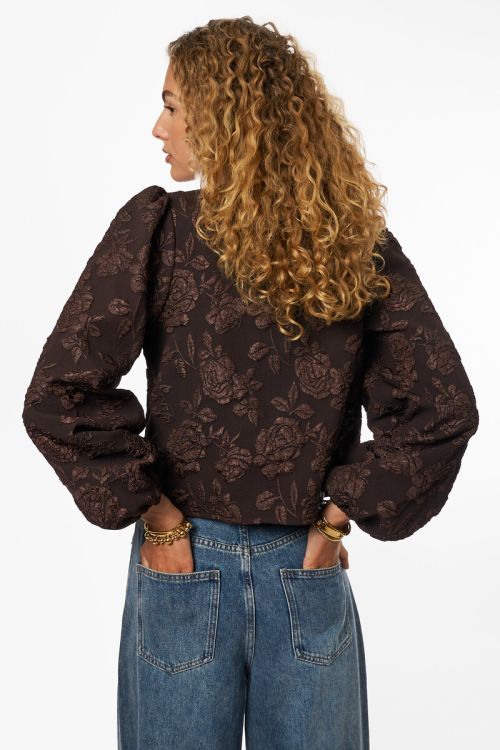 Brown jacquard top with long puff sleeves | My Jewellery