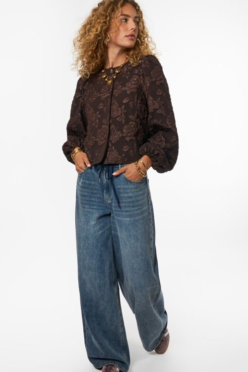 Brown jacquard top with long puff sleeves | My Jewellery