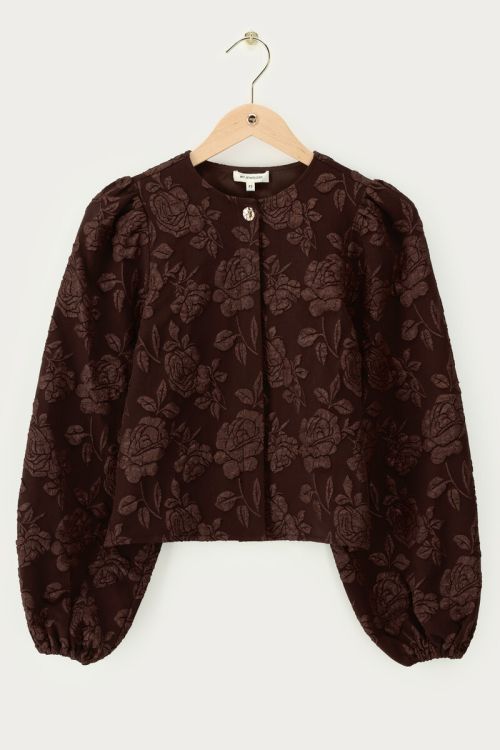 Brown jacquard top with long puff sleeves | My Jewellery