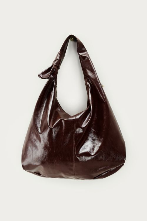 Donkerbruine grote PU schoudertas met knoop