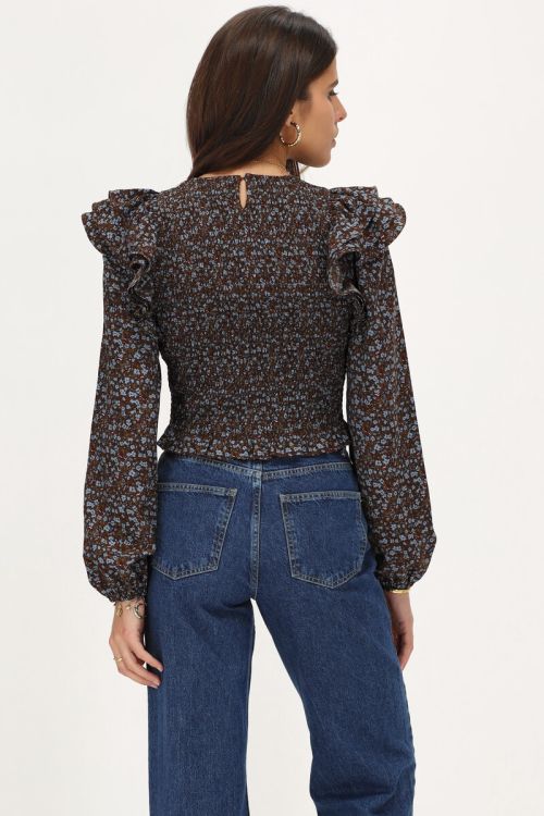 Brown smock top with blue floral print | My Jewellery