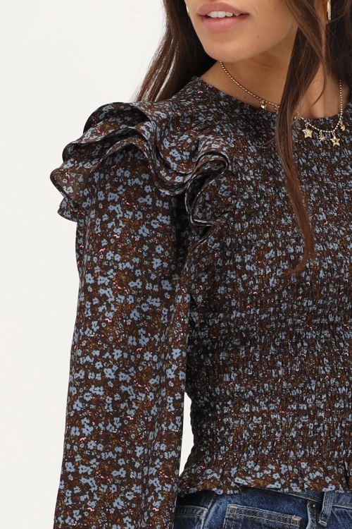 Brown smock top with blue floral print | My Jewellery