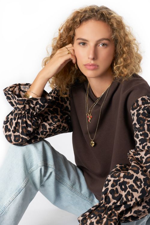 Brown sweater with leopard print sleeves | My Jewellery