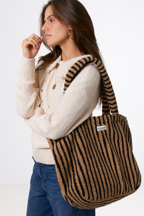 Brown teddy tote bag with stripes | My Jewellery