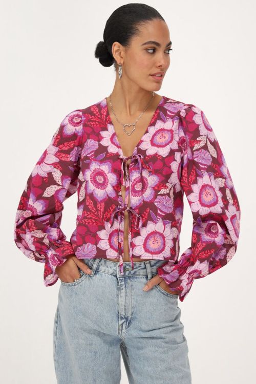 Brown top with bows and pink floral print | My Jewellery