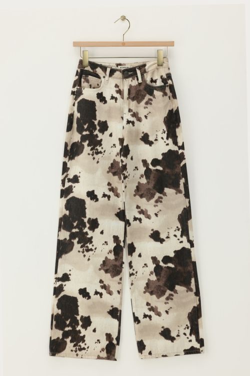 Bruine denim wide leg jeans met koeienprint