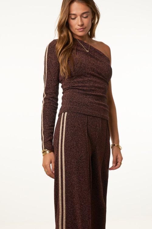 Brown wide leg lurex trousers with stripes | My Jewellery