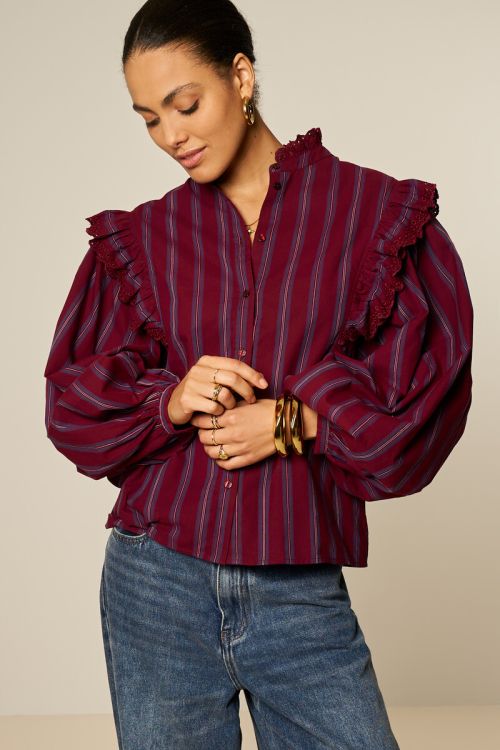 Burgundy striped blouse with embroidery | My Jewellery