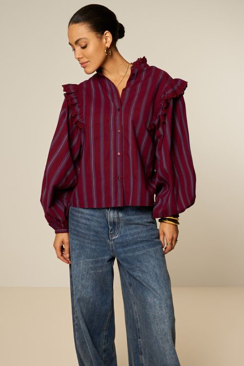 Burgundy striped blouse with embroidery | My Jewellery