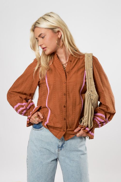 Cognac embroidery blouse with side stripes | My Jewellery