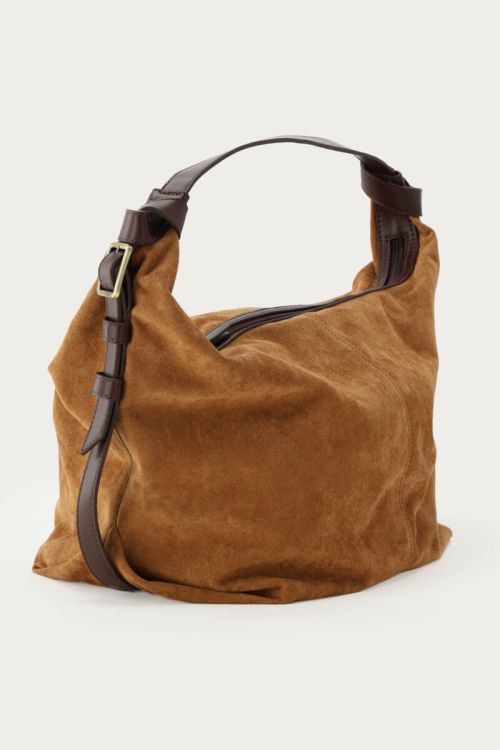 Cognac shoulder bag in suede look with buckle | My Jewellery