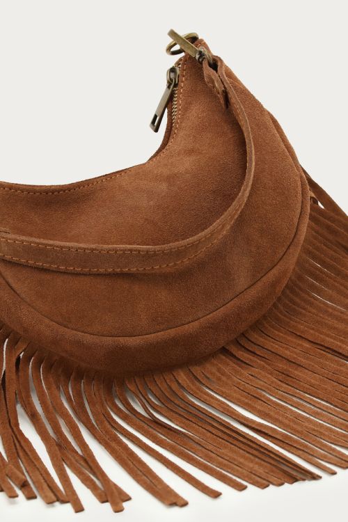 Cognac suede shoulder bag with fringes | My Jewellery