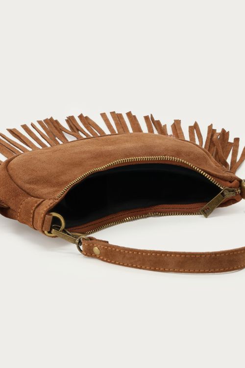 Cognac suede shoulder bag with fringes | My Jewellery