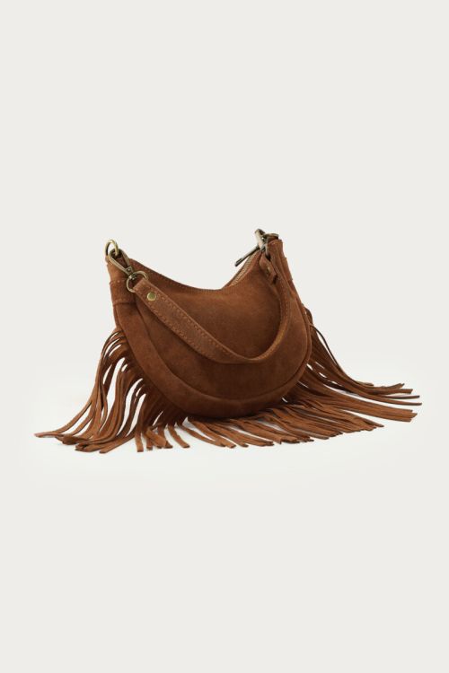 Cognac suede shoulder bag with fringes | My Jewellery