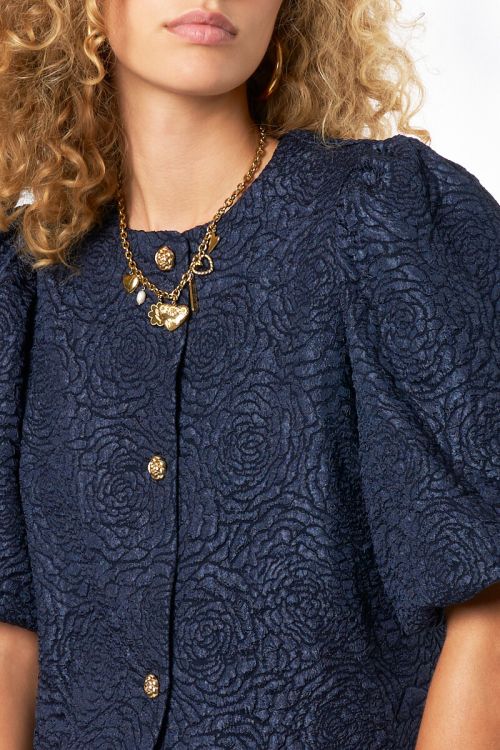 Dark blue jacquard top with roses | My Jewellery