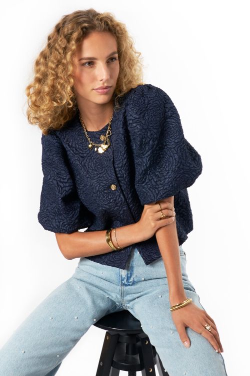 Dark blue jacquard top with roses | My Jewellery