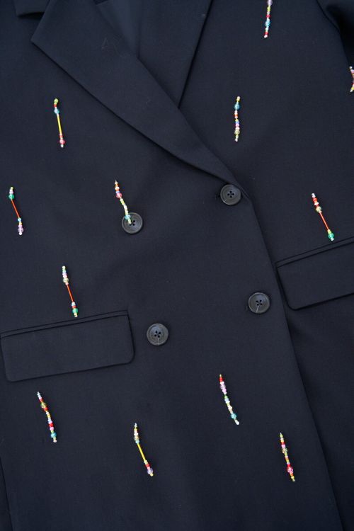 Dark blue blazer dress with multicoloured beaded fringes | My Jewellery