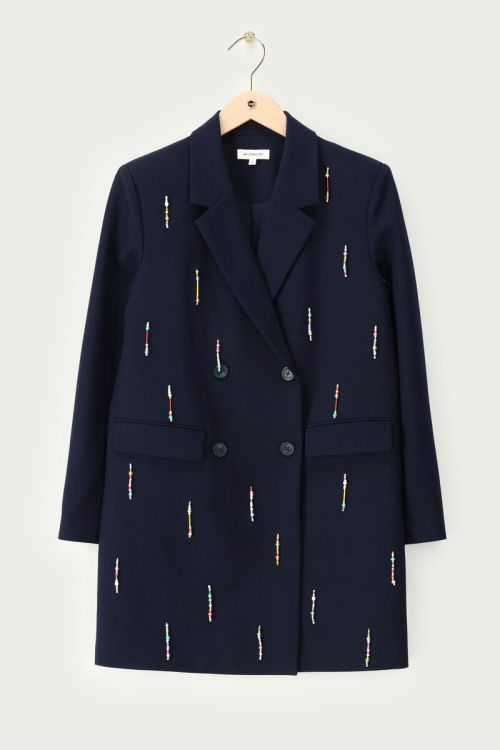 Dark blue blazer dress with multicoloured beaded fringes | My Jewellery