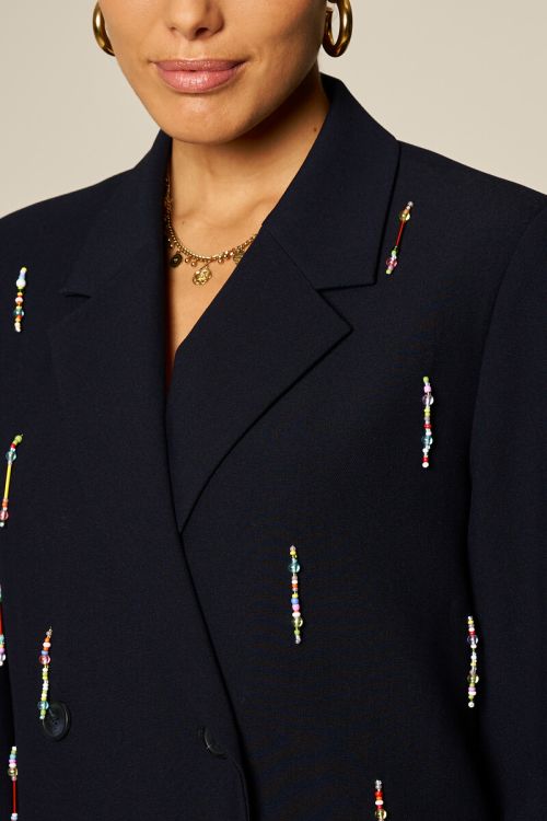 Dark blue blazer dress with multicoloured beaded fringes | My Jewellery