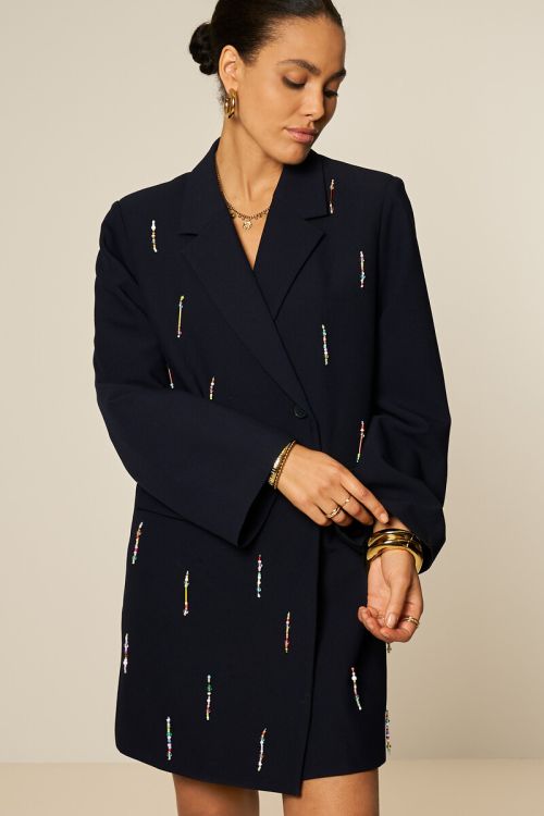 Dark blue blazer dress with multicoloured beaded fringes | My Jewellery