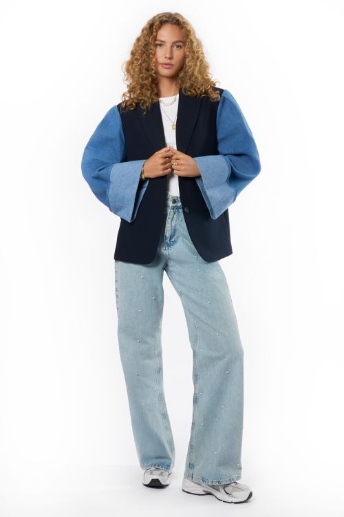 Dark blue oversized blazer with denim sleeves | My Jewellery