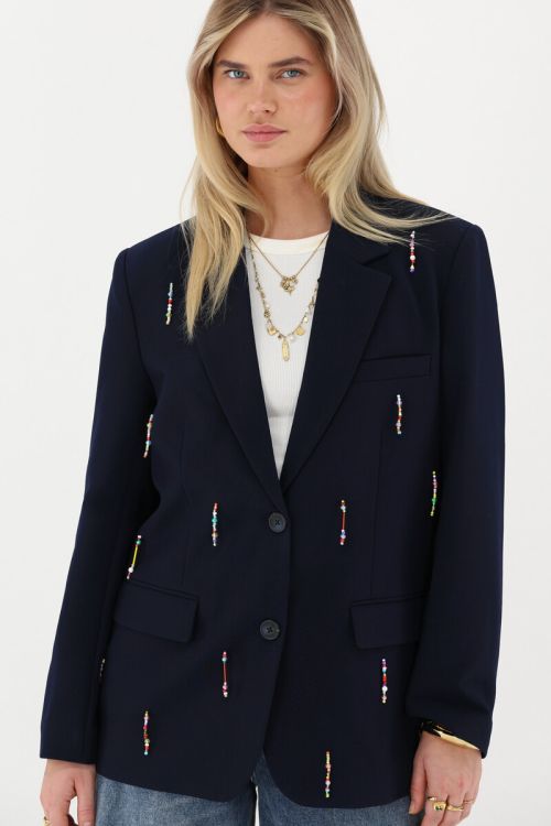 Dark blue blazer with multicoloured beaded fringes | My Jewellery