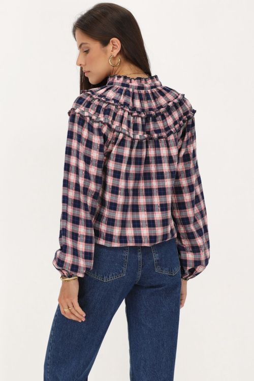 Dark blue blouse with pink plaid and lurex | My Jewellery