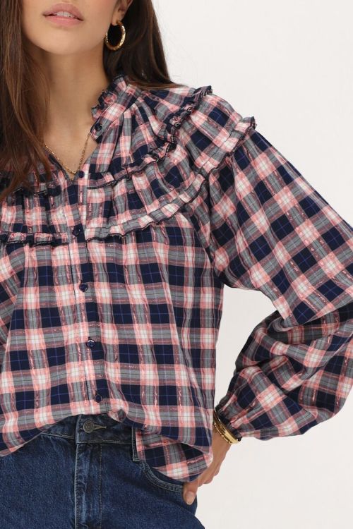 Dark blue blouse with pink plaid and lurex | My Jewellery