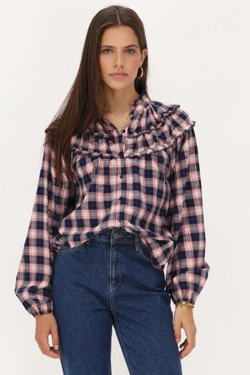 Dark blue blouse with pink plaid and lurex | My Jewellery