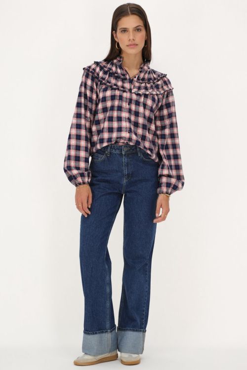 Dark blue blouse with pink plaid and lurex | My Jewellery