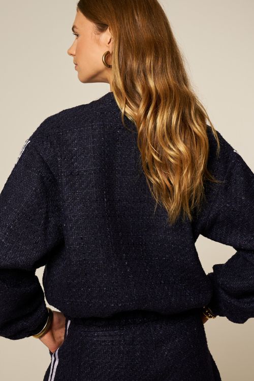 Dark blue bouclé bomber with side stripes | My Jewellery