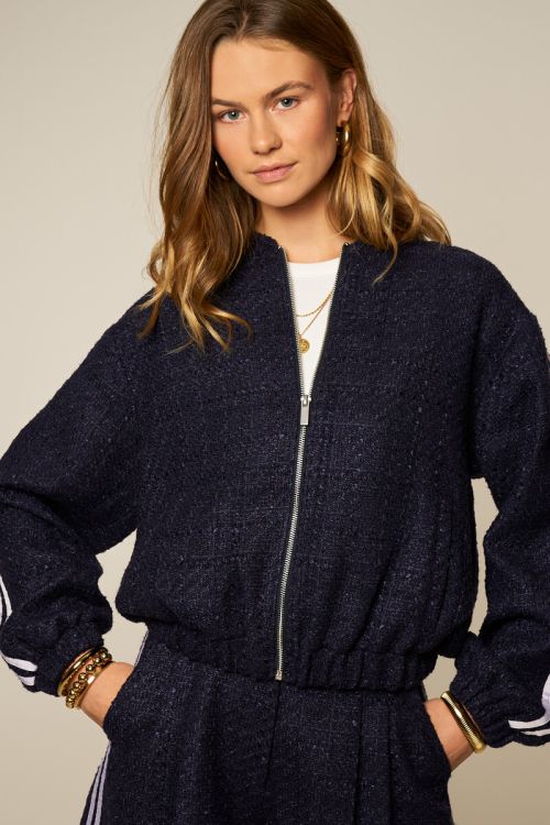 Dark blue bouclé bomber with side stripes | My Jewellery