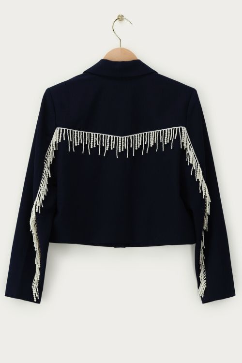 Donkerblauwe cropped blazer met imitatieparels