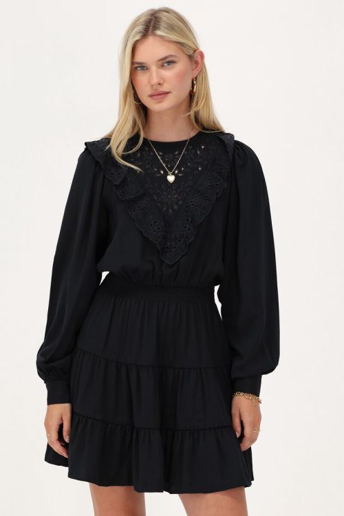 Dark blue dress with embroidery and ruffles | My Jewellery