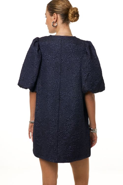 Dark blue jacquard dress with puff sleeves | My Jewellery