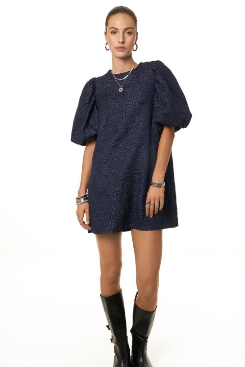 Dark blue jacquard dress with puff sleeves | My Jewellery