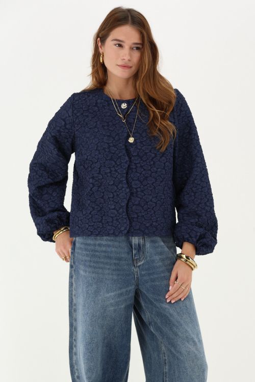 Dark blue jacquard top with button closure | My Jewellery