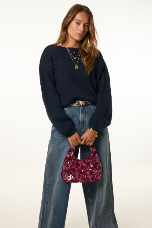 Dark blue knitted sweater with bow | My Jewellery