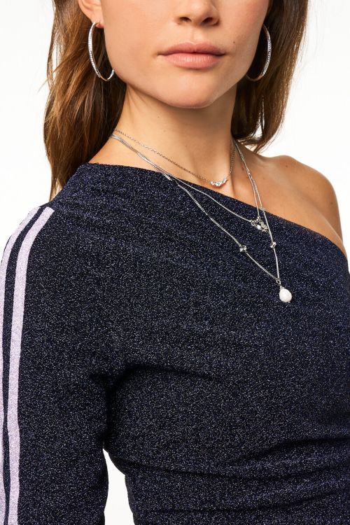 Dark blue lurex one-shoulder top with stripes | My Jewellery