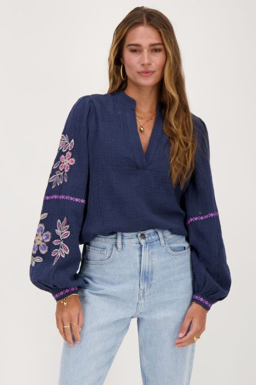 Dark blue muslin blouse with embroidery | My Jewellery