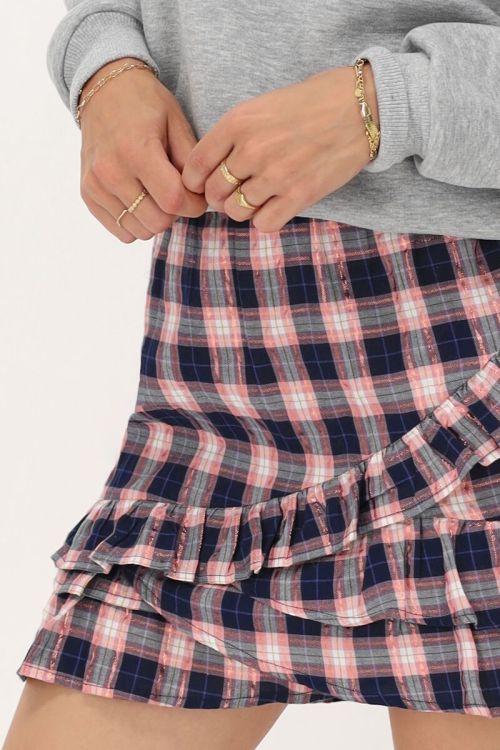 Jupe bleu foncé à carreaux roses et lurex