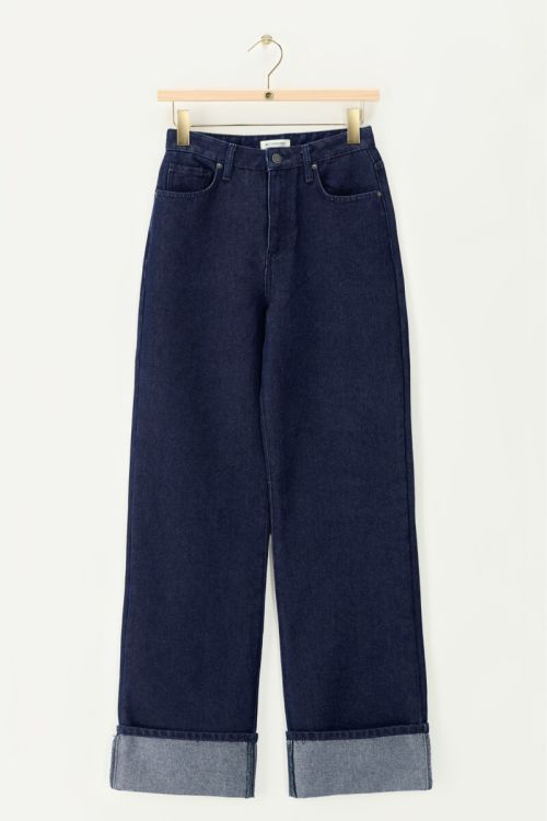 Donkerblauwe turn up wide leg jeans met strass