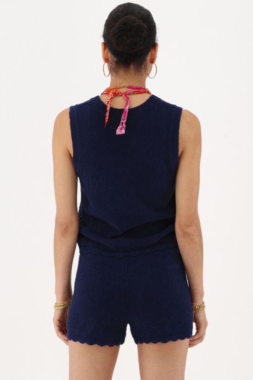 Dark blue gilet with scalloped edge | My jewellery
