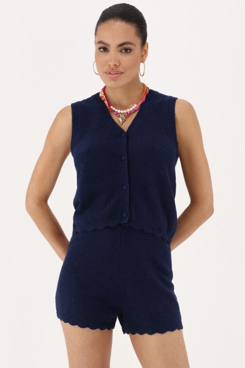 Dark blue gilet with scalloped edge | My jewellery