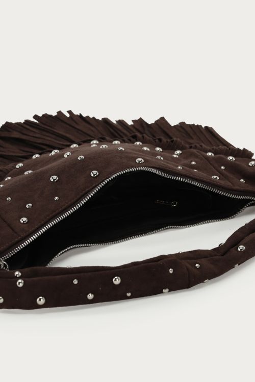 Dark brown shoulder bag with fringes and studs | My Jewellery