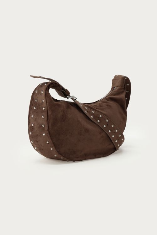 Dark brown crossbody bag in suede look with studs | My Jewellery