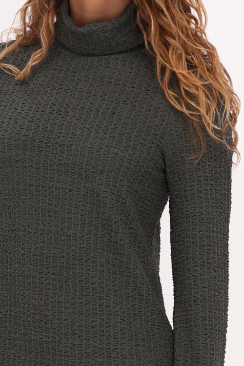 Dark green textured dress & turtleneck | My jewellery